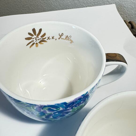 Set of 2 Lilly Pulitzer Blue Surf Ceramic Teacups  Lion & Gold Handle  12 oz - Picture 6 of 8